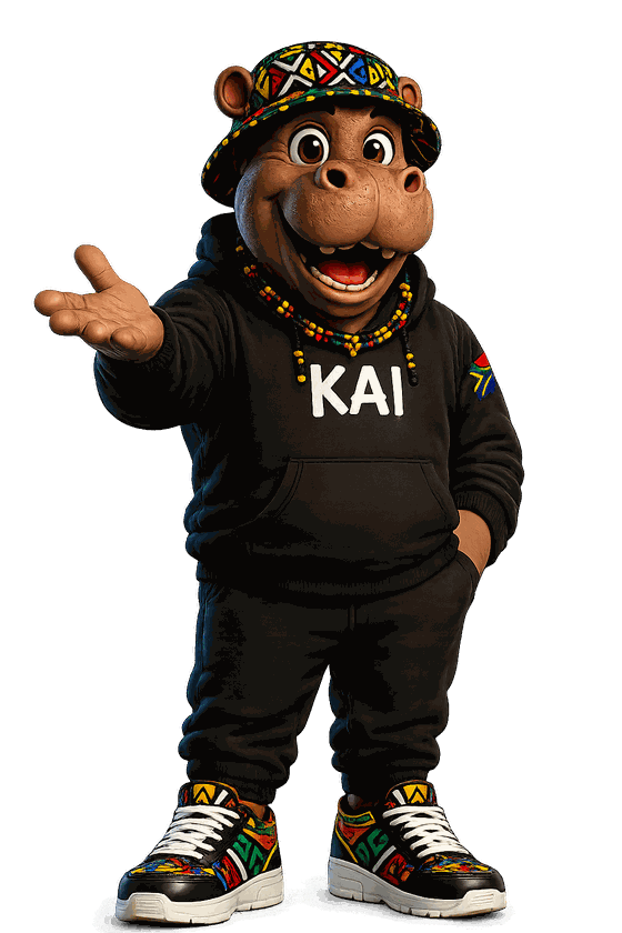 Kai, a friendly hippo in a black hoodie and patterned bucket hat, presenting with an open hand